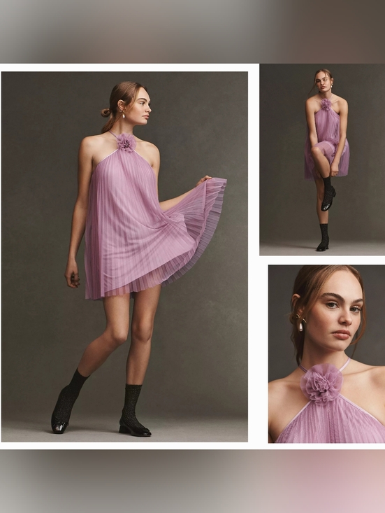 BHLDN Dresses & Skirts - Pleated Halter Mini Dress with Floral Neck Accent - Lavender